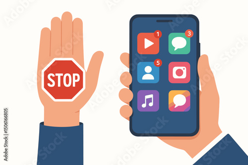 Stop smartphone addiction vector concept. Hand gesture blocking mobile phone with social media notifications. Digital detox, limiting screen time, breaking media chains illustration.
