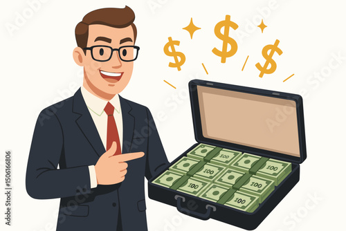 Happy businessman investor pointing to open briefcase full of cash, symbolizing financial success, profit, wealth accumulation, and investment returns. Cartoon vector illustration.