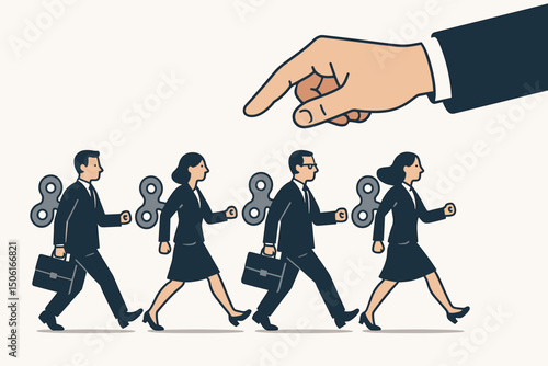 Wind-up corporate employees marching in unison, controlled by a large pointing hand. Metaphor for business conformity, lack of autonomy, and management manipulation concept vector illustration.