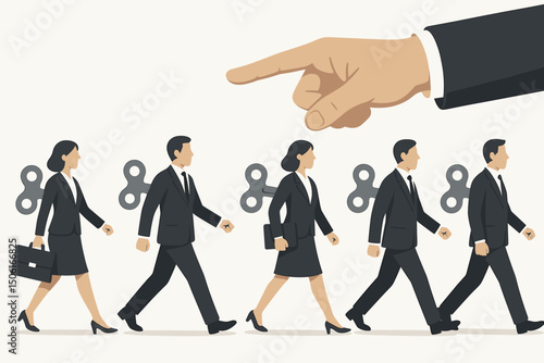 Business Team as Wind-Up Toys Following Boss's Direction Vector. Conceptual Illustration of Corporate Control, Conformity, Obedience, Manipulation, and Employee Micromanagement.