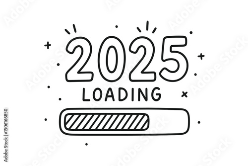 Minimalist 2025 loading progress bar doodle illustration. Hand-drawn vector graphic symbolizing the New Year countdown, anticipation for the future, and the start of a new beginning.
