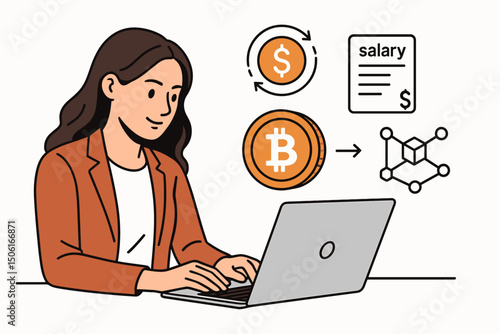 Empowered Woman Trading Bitcoin Online, Managing Cryptocurrency Investments and Digital Assets for Financial Growth and Modern Salary on Laptop