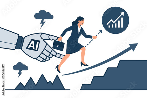 Businesswoman gets AI assistance from robot hand to cross chasm and climb growth chart stairs, symbolizing technological support for overcoming challenges and achieving success vector