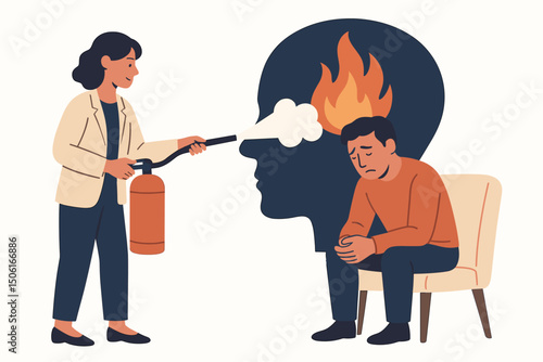 Concept illustration of psychologist extinguishing emotional fire in a stressed man's head, depicting therapy session, mental health care, burnout treatment, and stress relief support.