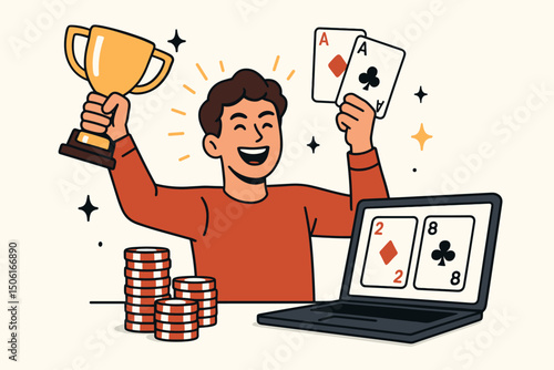 Joyful man celebrating online poker victory with trophy and pair of aces, laptop screen shows cards, chips stacked nearby. Successful online gambling champion vector illustration.