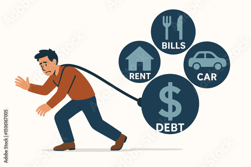 Financial struggle concept vector illustration showing stressed man burdened by heavy weight of debt, rent, bills, and car expenses. Personal finance hardship and cost of living crisis.