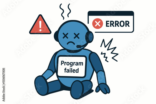 Broken AI assistant robot illustration showing program failure and system error alert message, sad malfunctioning chatbot or technology concept vector graphic with warning sign.