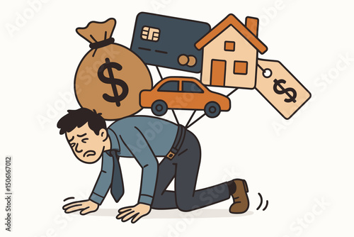 Vector illustration of a stressed businessman weighed down by financial burdens. Conceptual graphic showing the pressure of debt, mortgage, car payments, and credit card bills on an individual.