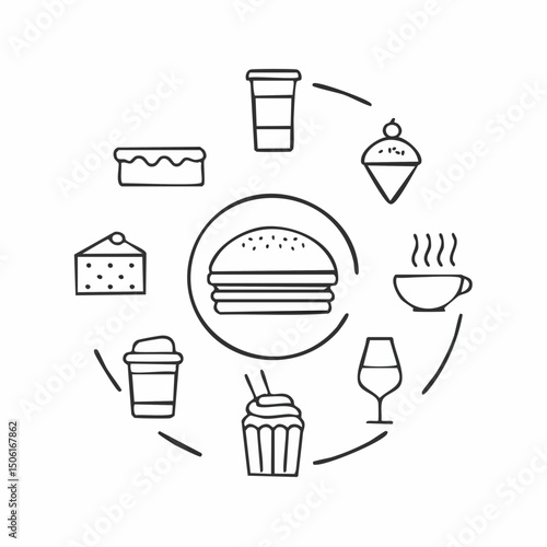 Food and Drink Line Icons – Burger, Pizza, Sushi, Coffee