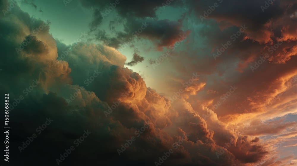 Fototapeta premium A dramatic sky filled with billowing clouds illuminated by golden light creates a breathtaking and awe-inspiring atmospheric display.