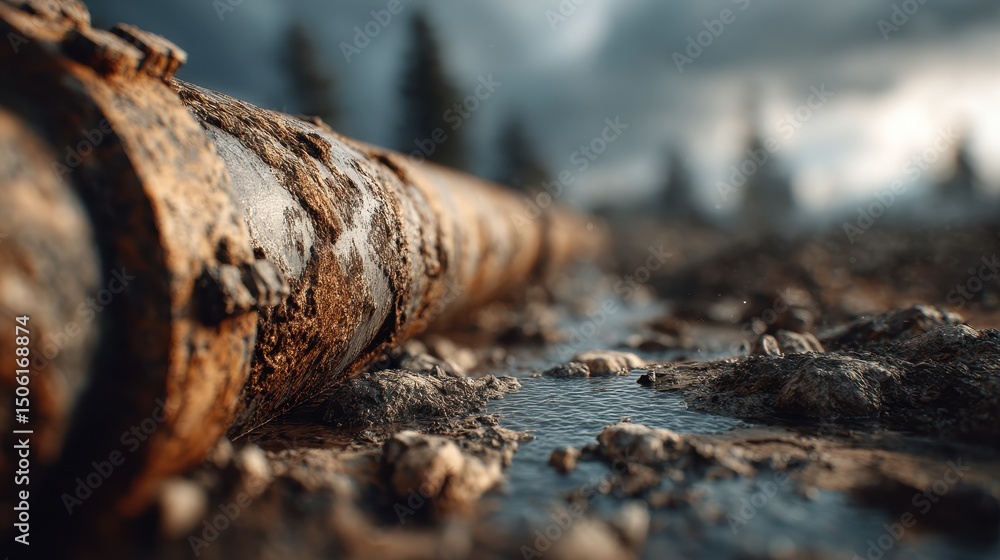 Fototapeta premium Global Warming Rusty pipe with water flow, set against a blurred, natural background.