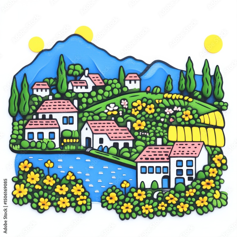 Fototapeta premium Colorful Illustrated Landscape with Charming Homes and Vibrant Flora
