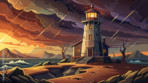 An old lighthouse, weathered by time, stands resilient as it glows warmly under stormy skies. Its beacon cuts through the gathering gloom, a symbol of hope and steadfast guidance.