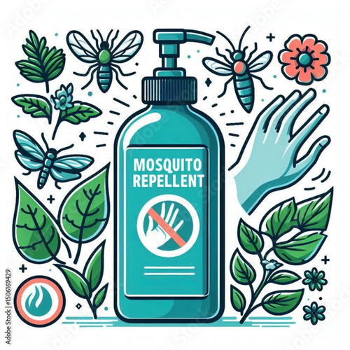  mosquito repellent lotion.  Colorful illustration of a mosquito repellent bottle surrounded by insects, flowers, and leaves in a vibrant style