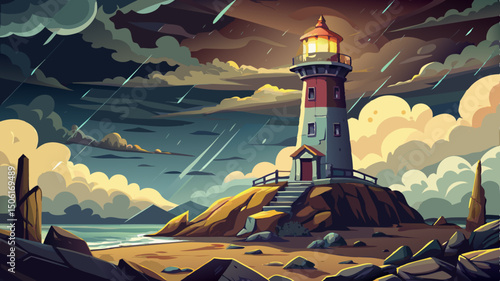 An old lighthouse, weathered by time, stands resilient as it glows warmly under stormy skies. Its beacon cuts through the gathering gloom, a symbol of hope and steadfast guidance.