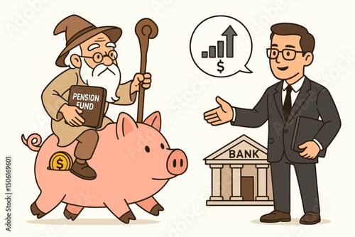 Senior citizen consulting with financial advisor about pension fund investment growth and retirement savings planning at bank illustration