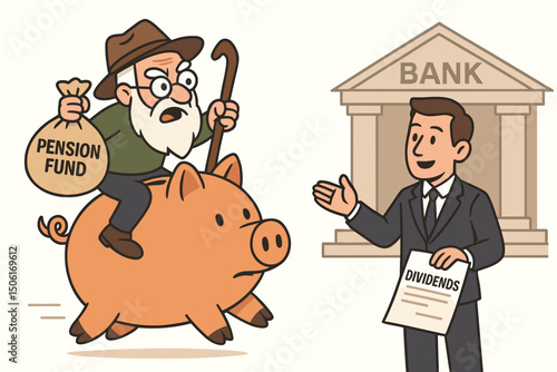 Happy senior man riding giant piggy bank with pension fund bag approaching bank for dividend payments - retirement financial planning concept vector