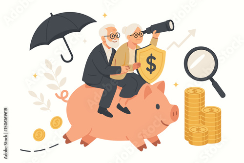 Happy senior couple planning secure retirement with piggy bank savings, umbrella protection, and financial growth investments vector illustration