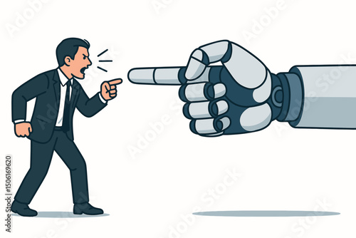 Angry businessman confronting giant robotic AI hand - human versus technology workplace dispute vector illustration showing automation conflict and digital disruption
