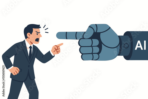Angry businessman in dark suit confronting giant robotic AI hand in heated dispute - human versus artificial intelligence technology conflict concept