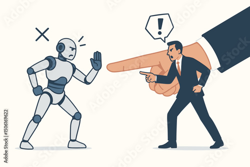 Artificial intelligence robot confronting angry businessman pointing accusatory finger in technology versus human workplace conflict vector illustration