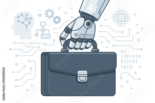 Robotic hand holding business briefcase with AI technology background featuring circuit boards, gears and binary code for future workforce automation concept