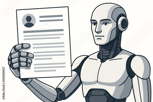 Futuristic humanoid robot cyborg holding job application resume document - AI artificial intelligence employment recruitment career technology concept vector