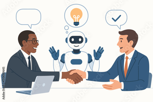 AI robot mediating successful business handshake between diverse professionals showing innovation lightbulb and checkmark approval in modern vector illustration