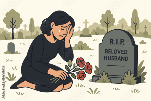 Grieving widow placing red roses at beloved husband's gravestone in peaceful cemetery - emotional memorial tribute vector illustration depicting loss and remembrance