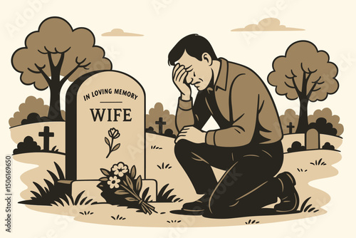 Grieving widower kneeling at wife's gravestone in peaceful cemetery - emotional memorial scene depicting loss, mourning and remembrance in loving memory
