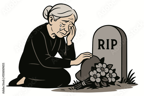 Grieving woman in black mourning dress kneeling beside RIP gravestone with memorial flowers, crying tears of sorrow and loss, emotional bereavement vector illustration