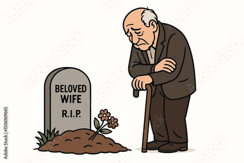 Sorrowful elderly widower man with walking cane grieving at beloved wife's gravestone memorial with flowers - loss, bereavement, mourning vector illustration