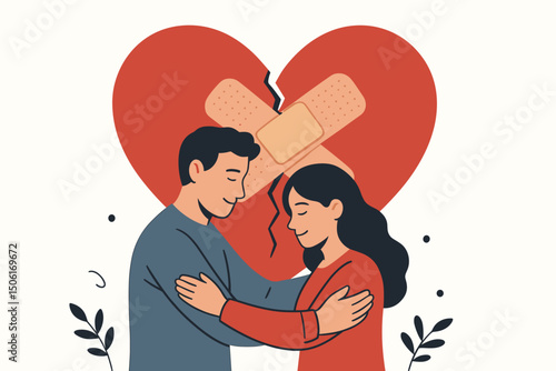 Loving couple embracing with healed broken heart and bandages - relationship reconciliation, love recovery, forgiveness and second chance romance vector illustration