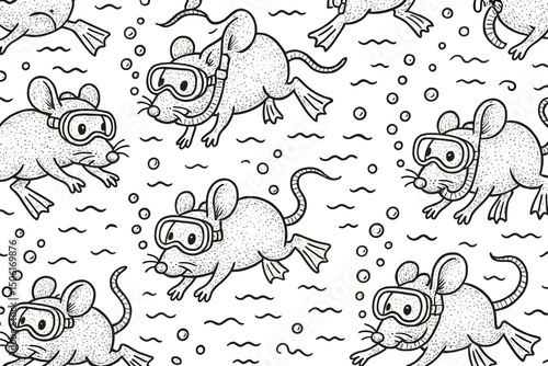 Adorable mice with snorkeling gear swimming underwater seamless vector pattern diving masks flippers bubbles outline summer vacation illustration