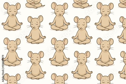 Adorable cartoon mice in yoga meditation poses seamless vector pattern - cute brown rodents sitting lotus position with closed eyes mindful zen background