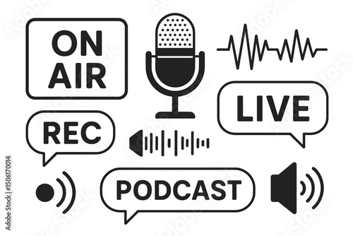 Podcast broadcasting icon set with microphone, live streaming, recording, on air signs and audio waveforms - black and white vector collection