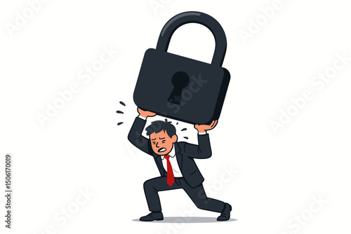 Stressed businessman carrying heavy security padlock burden vector illustration depicting corporate challenges, cybersecurity responsibilities and business obstacles concept