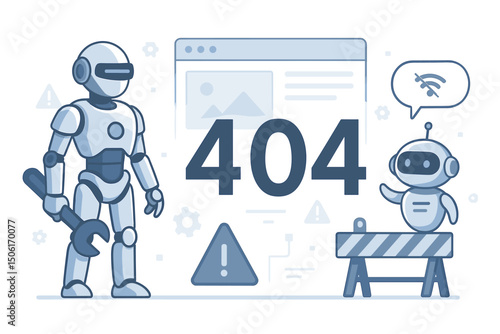 Modern 404 Error Page Vector with Futuristic Robots, Network Connection Problems and Website Maintenance - Professional Web Design Interface Illustration