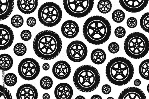 Seamless black and white tire and wheel silhouette pattern with various automotive rim designs for vehicle transportation themed backgrounds