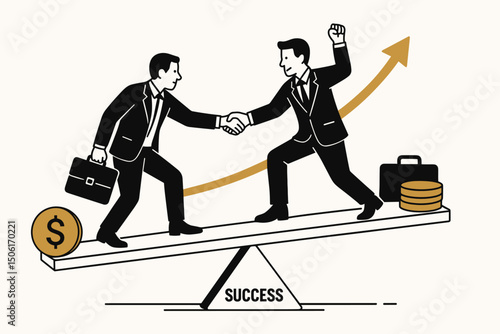 Business partnership success concept with two businessmen shaking hands on balanced seesaw scale with money coins and upward growth arrow vector illustration