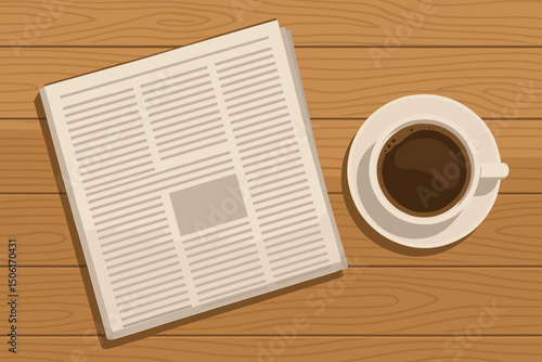 Morning coffee cup with newspaper on wooden table surface - business breakfast reading scene vector illustration for daily news routine and journalism concept
