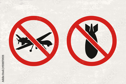 Anti-war prohibition signs vector set featuring red circular no drone and no bomb symbols for peace protest campaigns and military restriction messaging