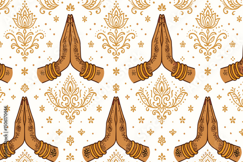 Seamless Pattern with Namaste Prayer Hands and Ornate Paisley Motifs in Golden Brown Colors - Indian Spiritual Meditation Design for Yoga and Wellness
