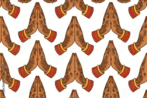 Seamless pattern of traditional namaste prayer hands with intricate henna mehndi designs and decorative sleeves in warm earth tones for cultural decoration