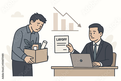 Employee carrying cardboard box with personal items during layoff termination meeting with HR manager showing dismissal notice in corporate office - downsizing vector