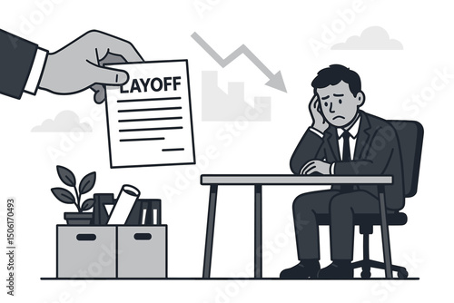 Sad businessman receiving layoff termination notice in office workplace during corporate downsizing crisis with declining business chart vector illustration