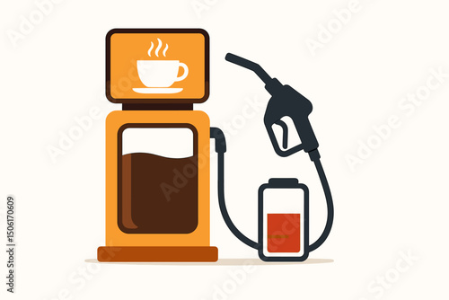 Coffee power recharge concept vector illustration with coffee machine dispenser and fuel pump charging low battery energy metaphor for morning caffeine boost