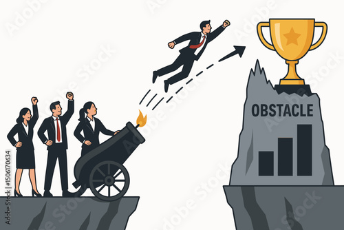 Professional business team using cannon strategy to propel teammate over obstacle mountain toward golden trophy achievement and corporate success