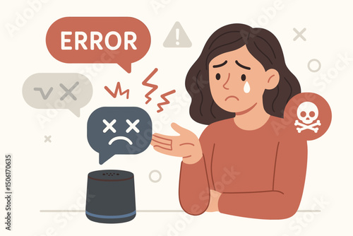 Sad frustrated woman pointing at malfunctioning smart speaker voice assistant with error messages warning signs technology failure vector illustration