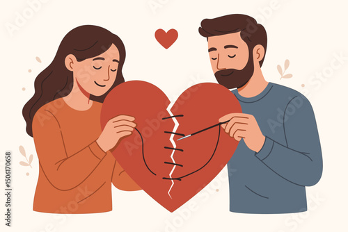 Young couple working together mending broken red heart with thread, love restoration and relationship healing vector illustration concept